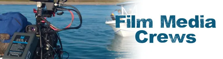 An image of a professional shark film crew on the Florida Shark Diving boat with invitation to check out more info for Film & Media Crews.